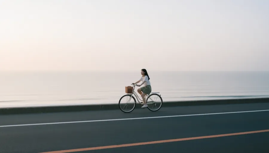 A wide environmental shot of a cyclist on a coastal road
