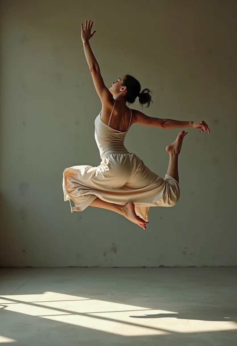 A dancer mid-leap in a bare studio, backlit
