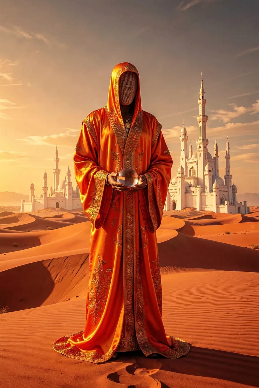 The robed figure in warm photoreal light, gold embroidery down the front of the robe