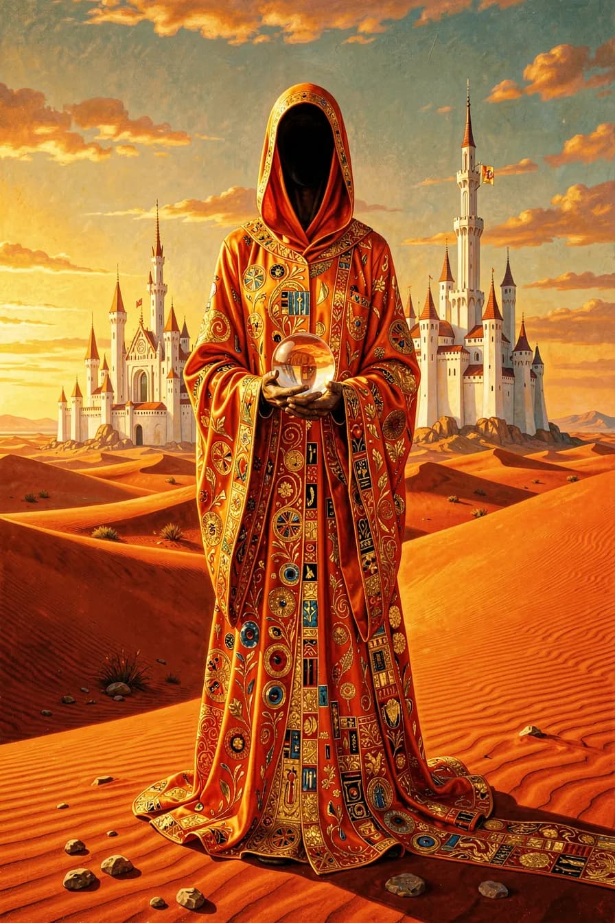 The same figure with gold and mosaic patterning worked across the whole robe