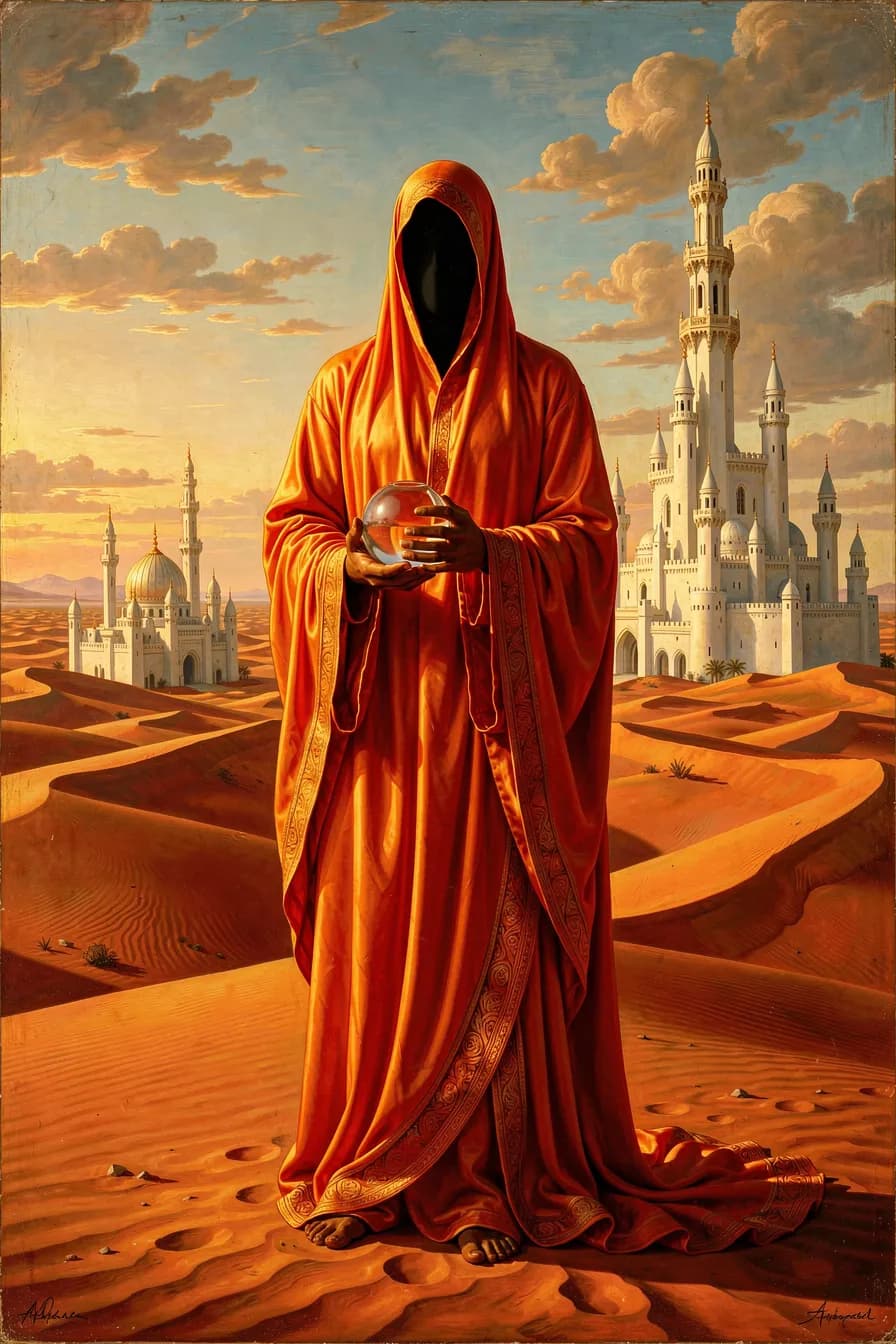 The same figure hooded under a cool blue sky, the castles pale on the horizon